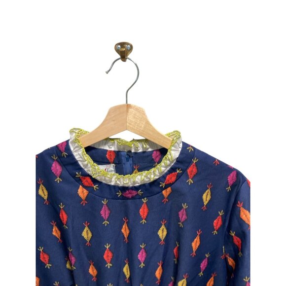 Vintage Amy Adams Vintage Printed Midi Dress Blue Size L 60’s Mid Century Modern - Picture 6 of 11